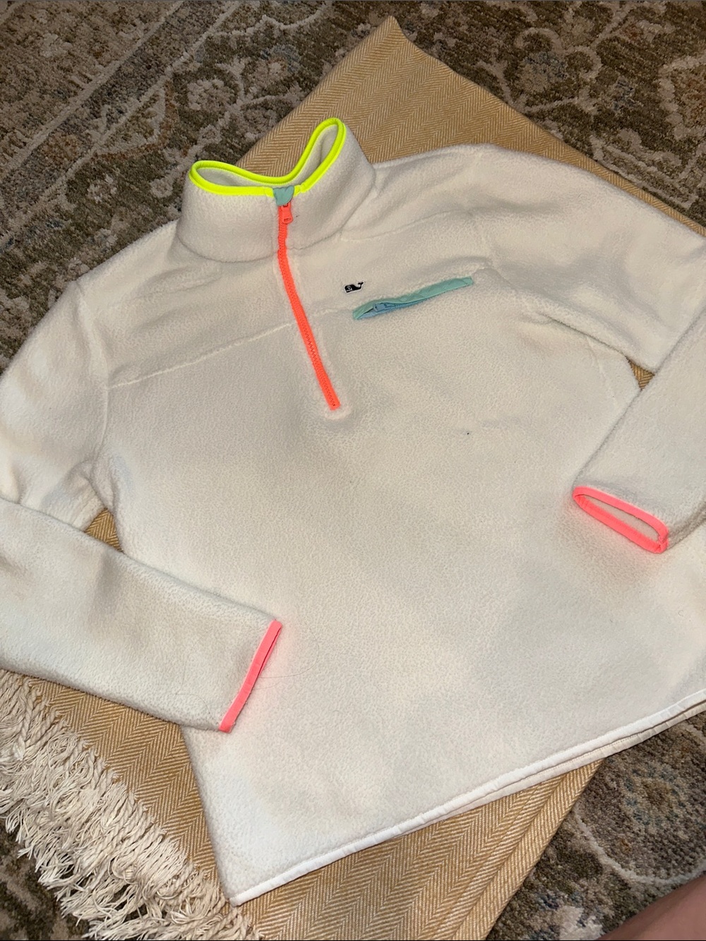 Vineyard Vines White Fleece Quarter-Zip with Neon Trim S
